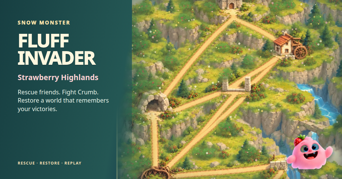Fluff Invader and the painted Strawberry Highlands map